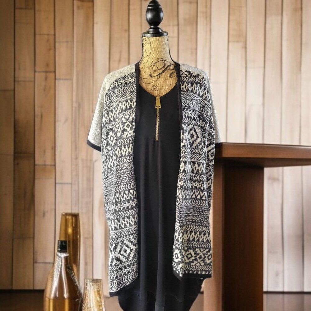 Scrapbook Black & Ivory Open Front Poncho/ Cardigan with Fringe Detail- S
